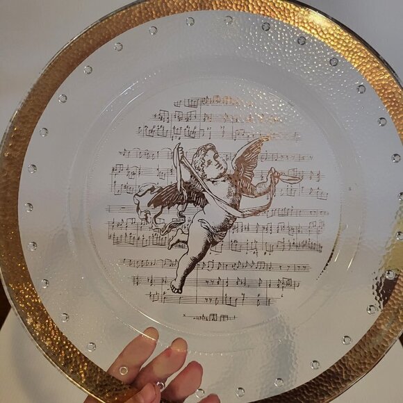 Vintage 13" Italian Glass Serving Platter With Gold Trim Cherub Musical Notes - Picture 9 of 9